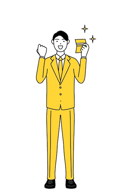 Einfache Strichzeichnung Illustration eines Geschäftsmannes in einem Anzug, der sich freut, ein Bankbuch zu sehen