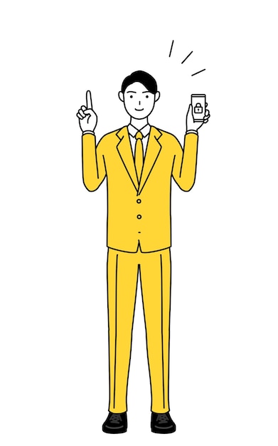 Einfache Strichzeichnung Illustration eines Geschäftsmannes in einem Anzug, der Sicherheitsmaßnahmen für sein Telefon ergreift