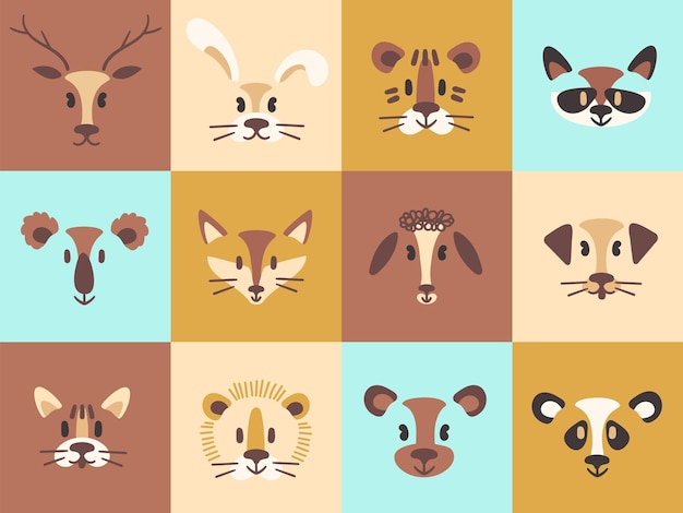 Einfache tierporträts süße tiere baby gesicht kinderzimmer poster kleiner bär kind tiger kind fuchs cartoon löwe lustige katze doodle kaninchen zeichnung hirsch schafe anständige set vektorillustration