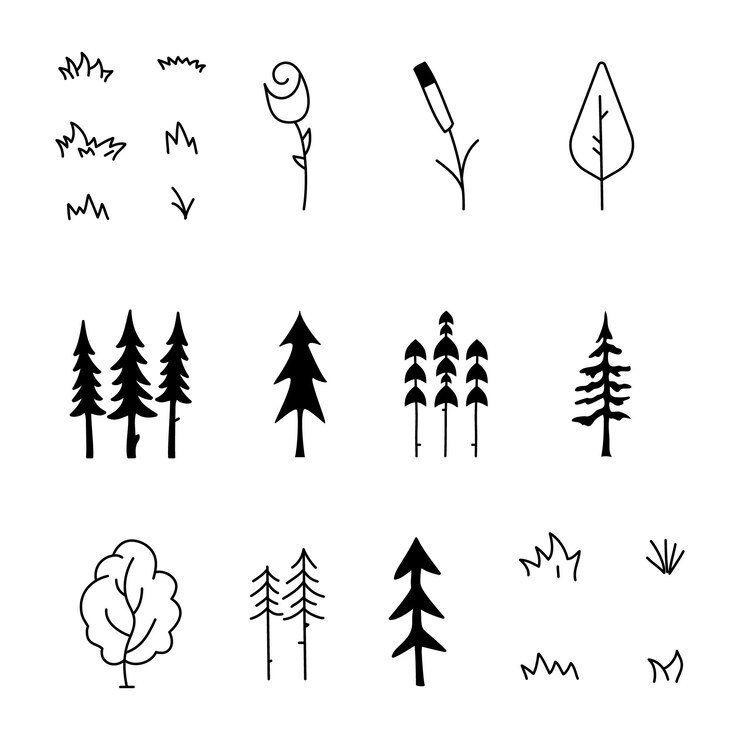 Einfache und minimalistische Baum-Icons-Sammlung Line Art Silhouette Bäume Stock Vektor-Elemente-Set