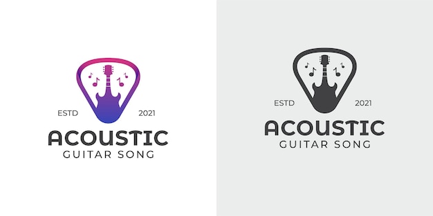 Einfache und silhouette akustikgitarre und plektrum, musikladen, konzertlogo