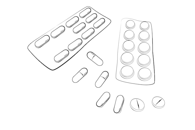 Einfache Vektorskizze Draufsicht Stapel von Pillen und Kapseln