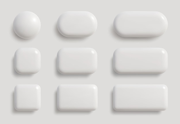 Einfache weiße monochrome Tasten im 3D-Stil Kreis quadratische Rechteckformen