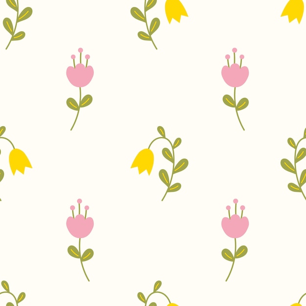 Einfache Wildblumen nahtloses Muster schöne Tulpen und Glockenblumen Hintergrund flach Stil Pastellfarbe