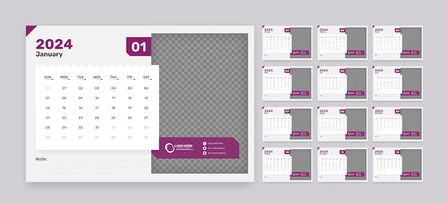 Einfacher 12-Monats-Kalender für 2024 mit Bildplatzhalter und Notizraum