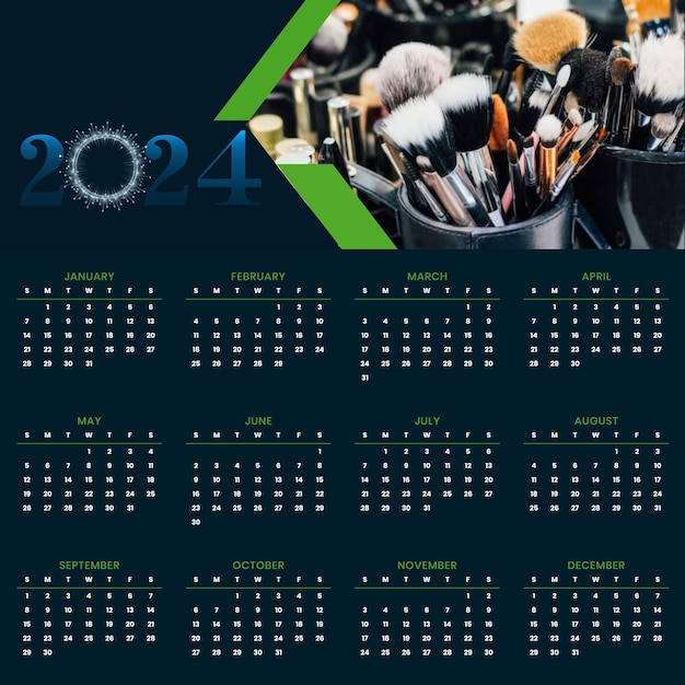 einfacher einseitiger Kalender für 2024 mit schwarzem Hintergrund