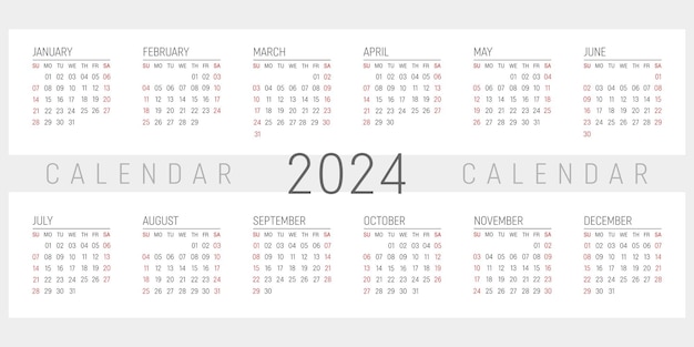 Einfacher Kalender 2024 12 Monate Woche beginnt am Sonntag Vektor minimalistisches Design Vorlagenraster