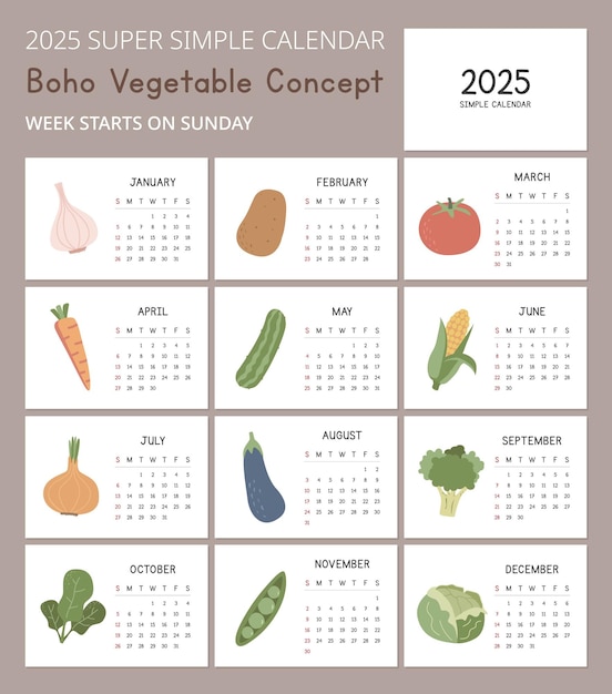 Vektor einfacher kalender 2025 vorlage mit niedlichen gemüse-konzeptillustrationen minimales layout