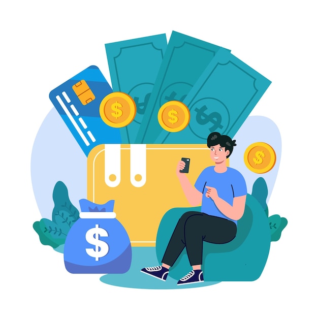Einfacher Mann im flachen Stil, der Geld sammelt