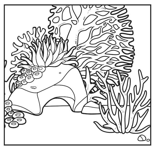 Vektor einfacher quadratischer hintergrund des meeresbodens mit steinkorallen und algen lineare zeichnung zum ausmalen auf einem weiß