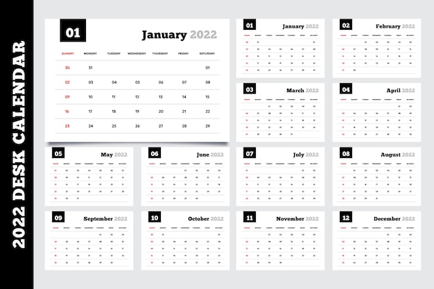 Vektor einfacher und minimaler schwarzweiß-schreib- und tischkalender 2022