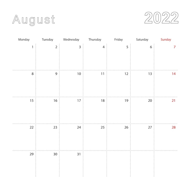 Einfacher wandkalender für august 2022 mit gepunkteten linien. der kalender ist in englisch, wochenbeginn ab montag.