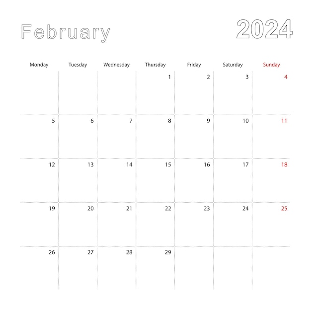 Vektor einfacher wandkalender für februar 2024 mit gestrichelten linien der kalender ist in englischer sprache. die woche beginnt am montag.