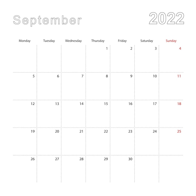 Einfacher wandkalender für september 2022 mit gepunkteten linien. der kalender ist in englisch, wochenbeginn ab montag.