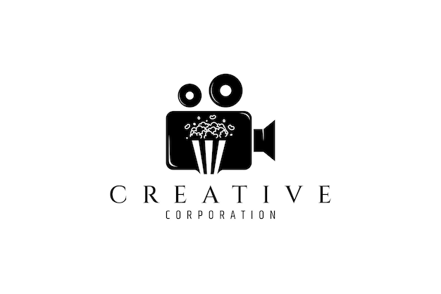 Vektor einfaches altes videokamera-logo kombiniert mit snack-popcorn-form im flachen design-stil auf schwarzer farbe