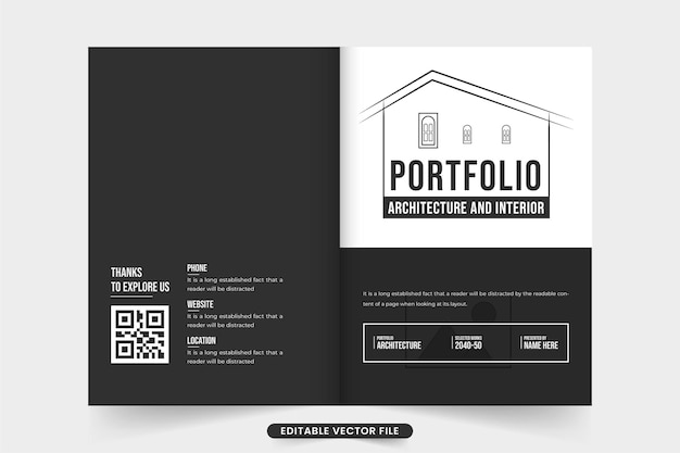 Einfaches Architektenprofil und Portfolio-Cover-Design in dunklen und weißen Farben. Cover-Vektor für moderne Architekten-Business-Werbemagazine mit Foto-Platzhaltern. Immobilien-Architektur-Broschüre