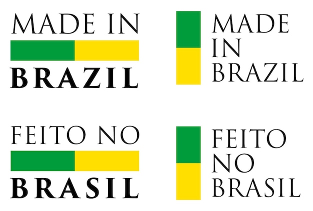 Einfaches label made in brazil / feito no brasil (portugiesische übersetzung). text mit nationalfarben horizontal und vertikal angeordnet.