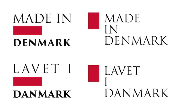 Einfaches Label Made in Denmark / Lavet i Danmark (dänische Übersetzung). Text mit Nationalfarben horizontal und vertikal angeordnet.