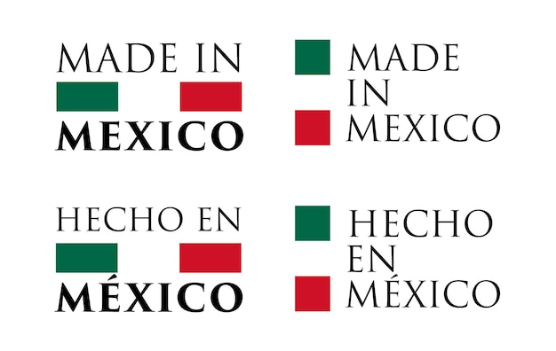 Einfaches Label Made in Mexico (und spanische Übersetzung). Text mit Nationalfarben horizontal und vertikal angeordnet.