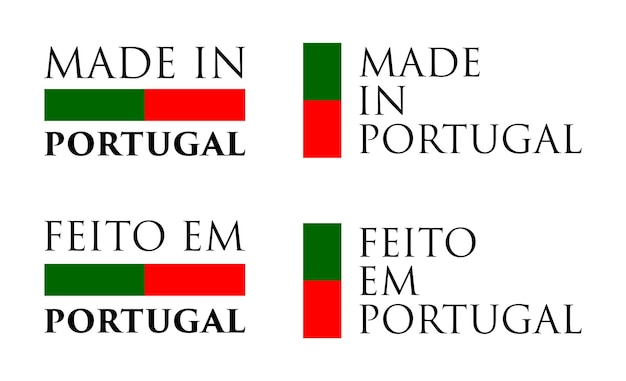 Einfaches label made in portugal / feito em (portugiesische übersetzung). text mit nationalfarben horizontal und vertikal angeordnet.