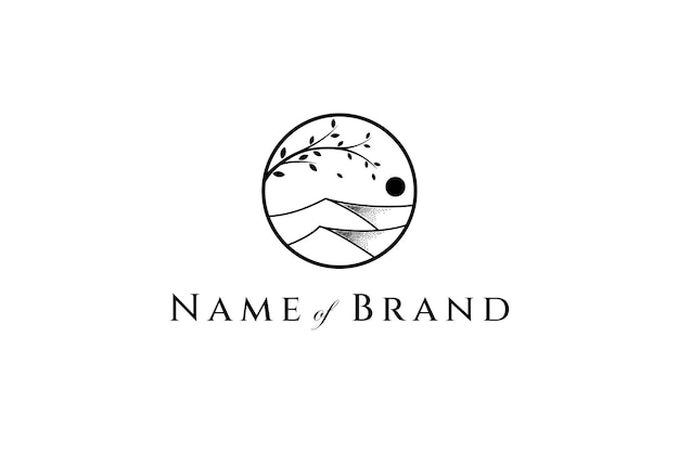 Einfaches logo, auf dem ein abstraktes bild einer welligen sanddüne mit einem baum im kreis abgebildet ist