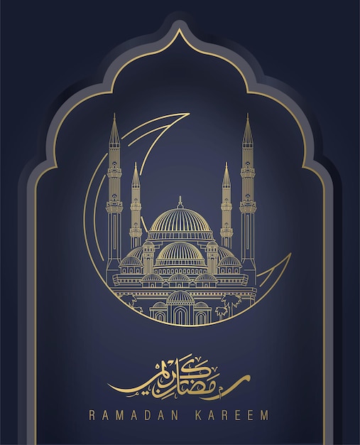 Vektor einfaches ramadhan kareem-design mit moschee-strichzeichnungs-hintergrund-vektorillustration