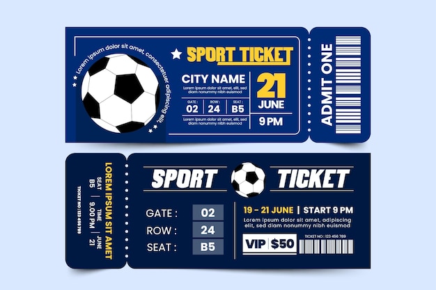 Vektor einfaches und elegantes design der ticket-designvorlage für fußballturniere für sportveranstaltungen