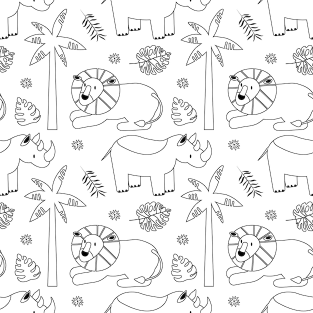 Einfaches vektormuster mit afrikanischen tieren nashorn und löwen tropische bäume und blätter drucken lustige lineare zeichnungen niedliche kindertapeten eps