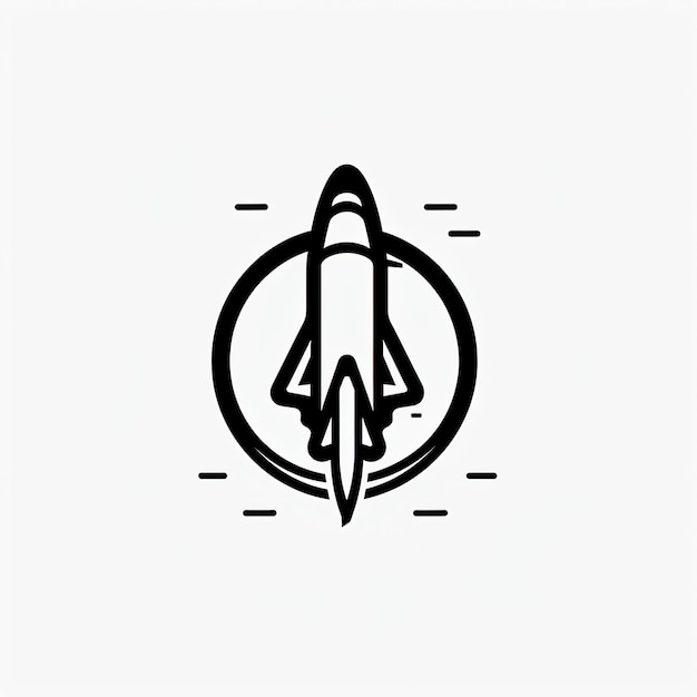Einfaches weltraum-logo, rakete, strichzeichnungen, dicker schwarzer strich