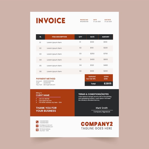 Einfachheit und sauberes modernes corporate business oder company billing invoice design template