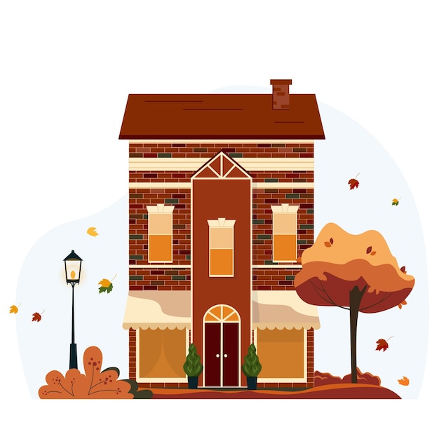 Einfamilienhaus im herbst vektorillustration für websites oder werbematerialien happy fall y'all