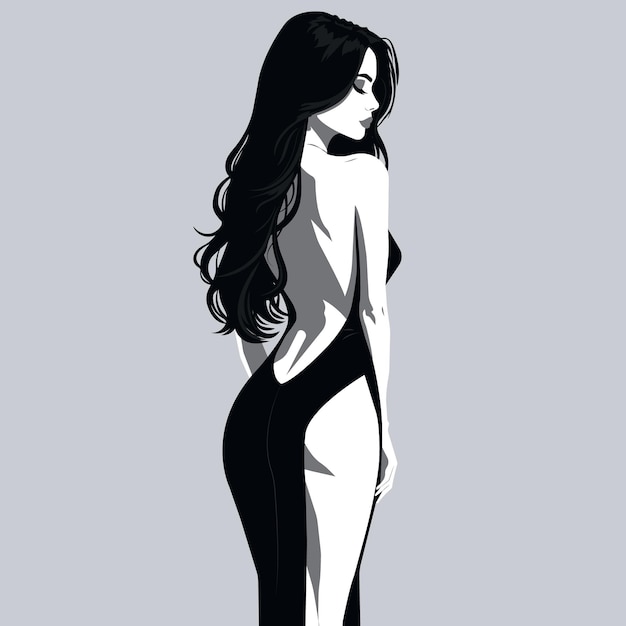einfarbige flache Mode-Illustration eines jungen sexy Mädchens in einem stilvollen rückwärtslosen Kleid mit Schlitz