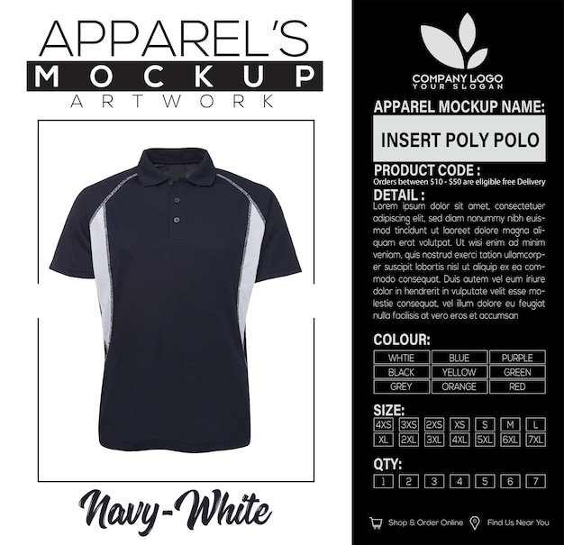 Einfügen von Poly Polo NavyWhite-Kleidungs-Mockup-Artwork-Design