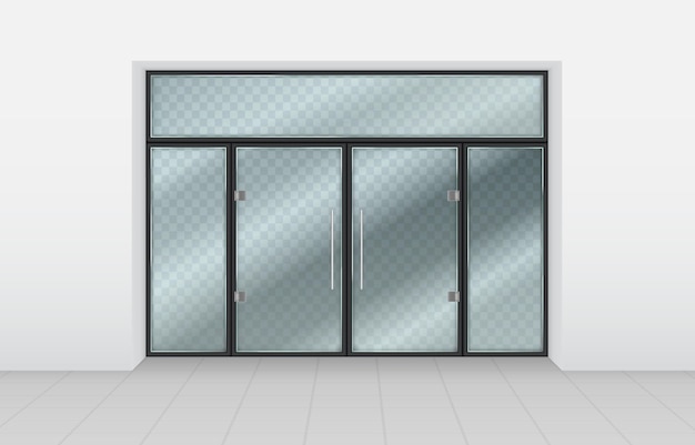 Vektor eingang des ladens realistische glastüren ladenfront außenfront von büro oder supermarkt sicht auf einkaufszentrum wand transparente türöffnung vitrine fenster vektor 3d neoterische mockup