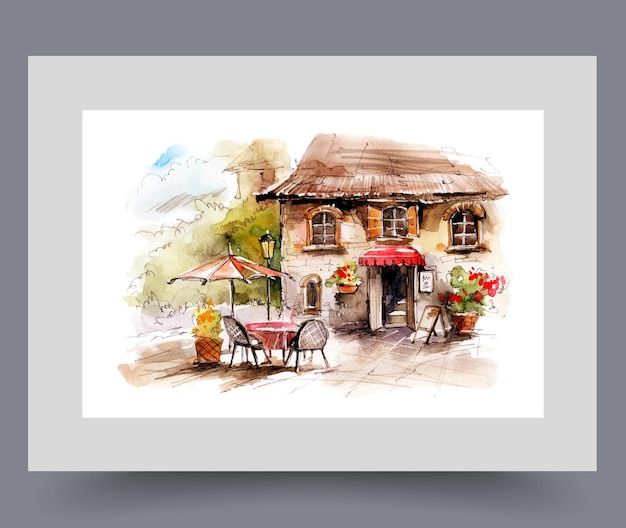 Eingang zum Café in der Nähe des Tisches mit Regenschirm in einem zweistöckigen Gebäude auf Wandkunst Aquarellkunstwerke