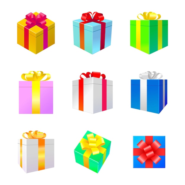 eingewickelte 3D-Geschenkkiste mit Bandfarben-Ikonensatz