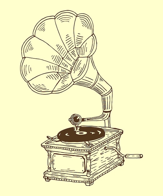 Eingravierte handgezeichnete Vintage-Illustration eines klassischen Gramophone-Vinylplattenspielers