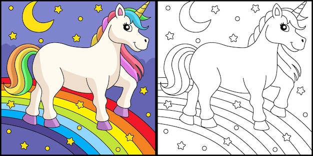 Einhorn, das auf der regenbogen-malseite geht