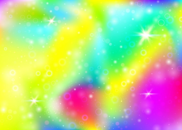 Einhorn-hintergrund mit regenbogennetz multicolor-universum-banner in prinzessinnenfarben fantasy-gradient-kulisse mit hologramm holografischer einhorn-hintergrund mit magischen funkelnden sternen und unschärfen