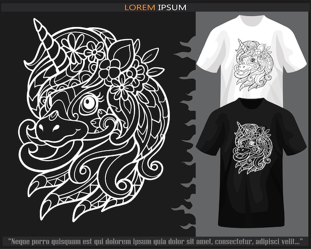 Einhorn-kopf-mandala-kunst isoliert auf schwarz-weißem t-shirt