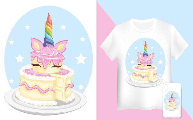 Einhorn Kuchen Karte und T-Shirt Design