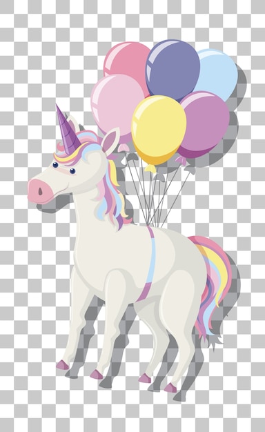 Einhorn mit regenbogenmähne und luftballons lokalisiert auf transparentem hintergrund