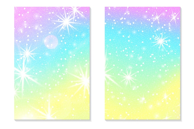 Einhorn-Regenbogen-Hintergrund. Holographischer Himmel in Pastellfarben. Helles Hologramm-Meerjungfrauenmuster in Prinzessinnenfarben. Vektor-Illustration. Unicorn Fantasy Farbverlauf bunte Regenbogenkulisse.