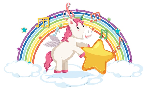 Einhorn steht auf Wolke mit Regenbogen- und Melodiesymbol
