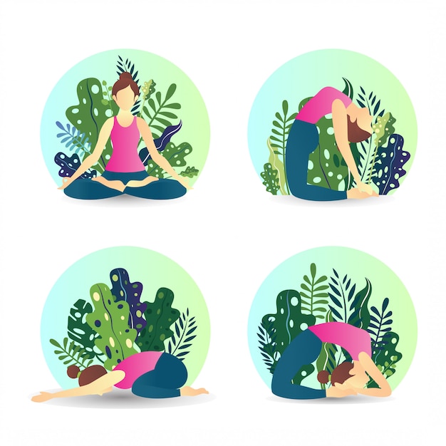 Vektor einige frauen yoga-posen mit einem rosa trägershirt in der natur mit pflanzen in einem flachen design.
