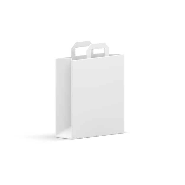 Einkaufsbeutel weißes Papierpaket mit Griffe für Lebensmittel-Supermarktwaren mit 3D-Ikonenvektor