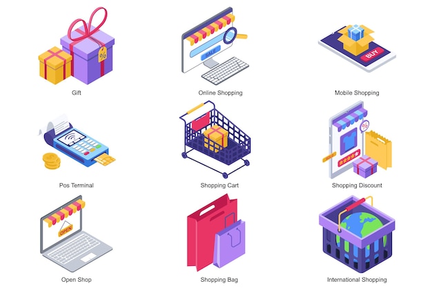 Einkaufskonzept Isometrische 3D-Symbole festgelegt Packelemente für Geschenk-Online-Shopping am Computer oder Smartphone-POS-Terminal-Warenkorb-Rabatt geöffnete Shop-Tasche Vektor-Illustration in modernem Isometrie-Design