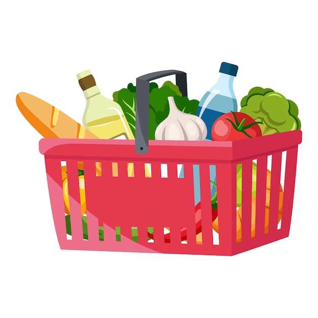 Einkaufskorb mit Lebensmittel auf weißem Hintergrund Vektor-Illustration