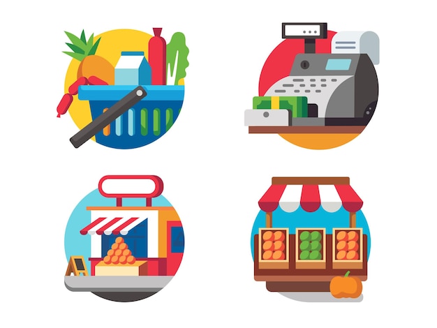 Einkaufssymbol des Sets. Lebensmittel im Supermarkt kaufen. Vektorillustration