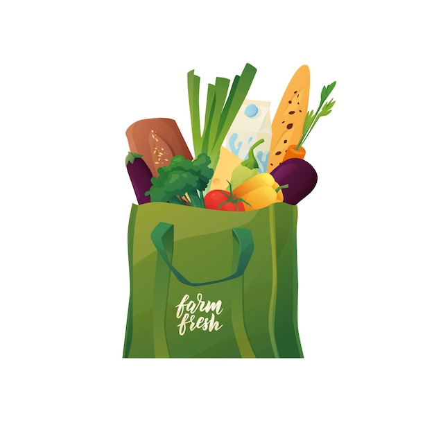 Einkaufstasche mit Essen. Eco Baumwolle grün Shopper. Brot, Karotten, Käse, Milch, Auberginen.